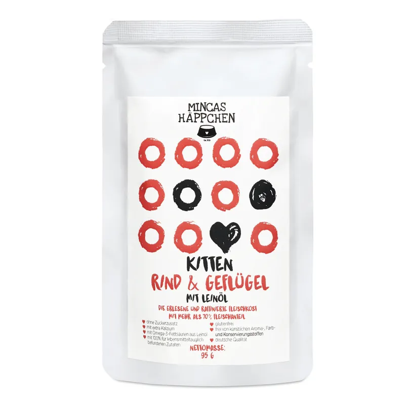 Sparpaket 24 x 95 g Mincas Häppchen Kitten Rind & Geflügel mit Leinöl Katzen Nassfutter Sonderaktion